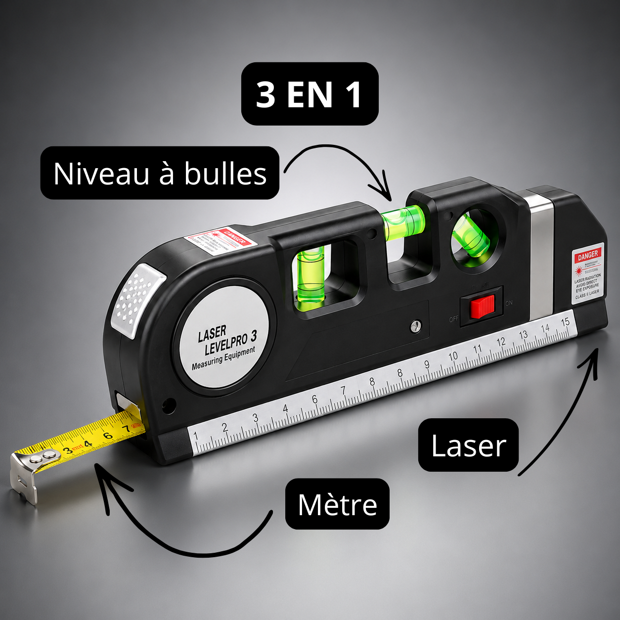 Niveau Laser 3-en-1 Laser, Mètre & Niveau à Bulles